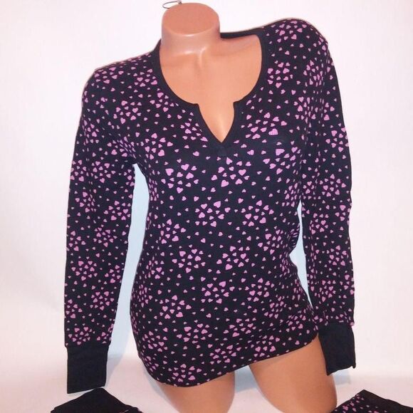 Victoria Secret Pajama Set Sleepwear Top & Bottom Small Thermal Black Pink Heart - Picture 4 of 8